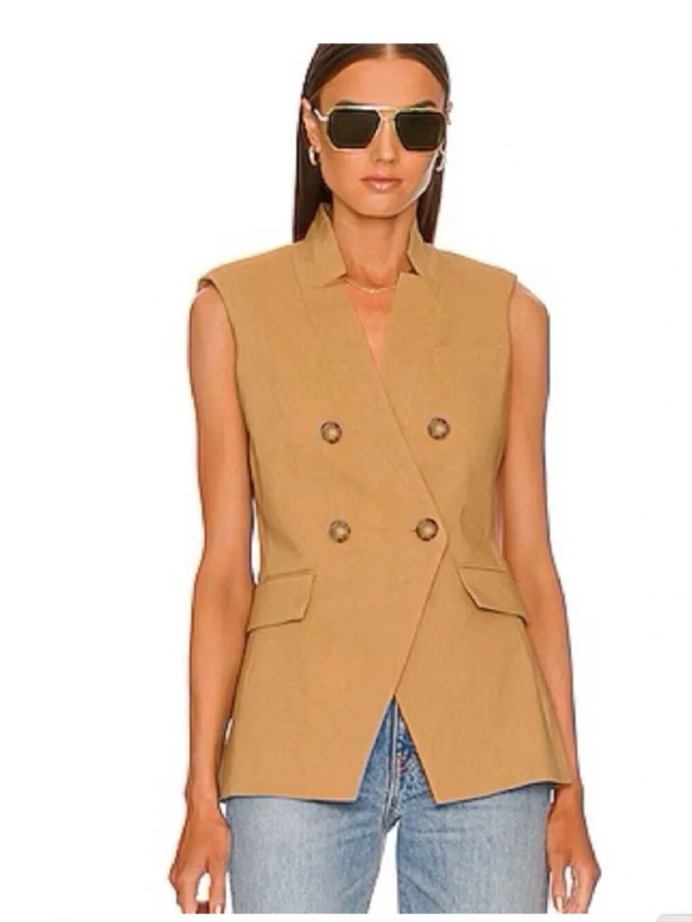 NEW Small 4 Elie Tahari Linen Blend Double Breasted Long Vest Tan Camel Lined